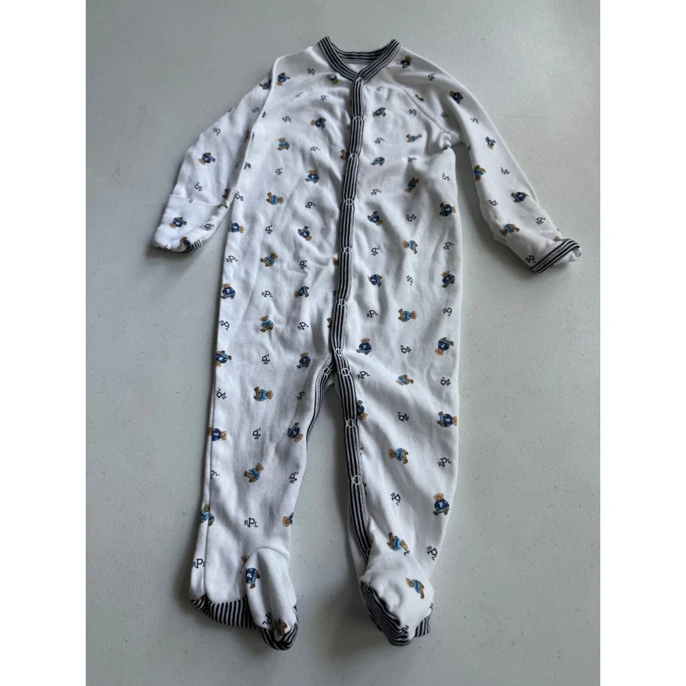 Ralph Lauren Baby Boy Polo Bear Footed Coverall Sleeper White Navy 9M